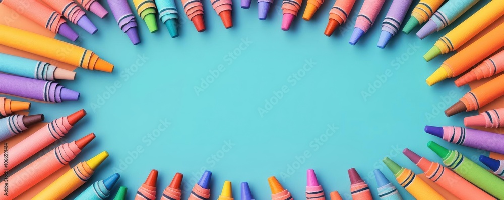 Poster a vibrant array of crayons in various colors arranged in a circular pattern, framing a solid blue ba