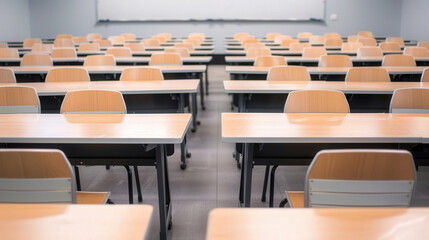 Orderly classroom with empty desks aligned in perfect rows, creating a sense of anticipation for learning and engagement in a structured educational environment.