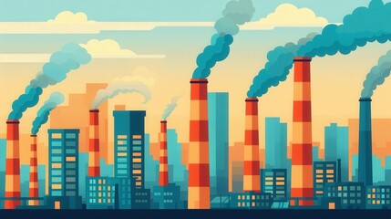 Pollution in Urban Landscapes, a flat design highlighting the impact of factories on city environments, emphasizing the urgent need for environmental awareness and action.