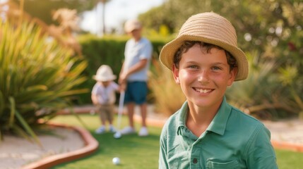 Fototapeta premium Family Mini-Golf Day, a joyful Father's Day celebration filled with laughter, friendly competition, and cherished moments between a father and his children.
