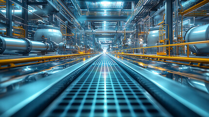 futuristic industrial facility showcasing energy recovery from waste materials, featuring metallic pipes, machinery, and bright lighting. scene conveys innovation and efficiency