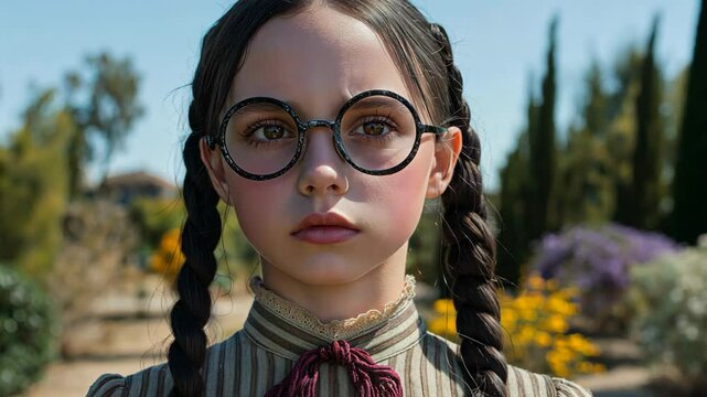 cute nerd girl wearing circle shape eyeglasses and vintage shirt at flower garden 
