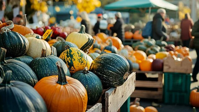 A variety of pumpkins and squashes are displayed at a local market in the autumn