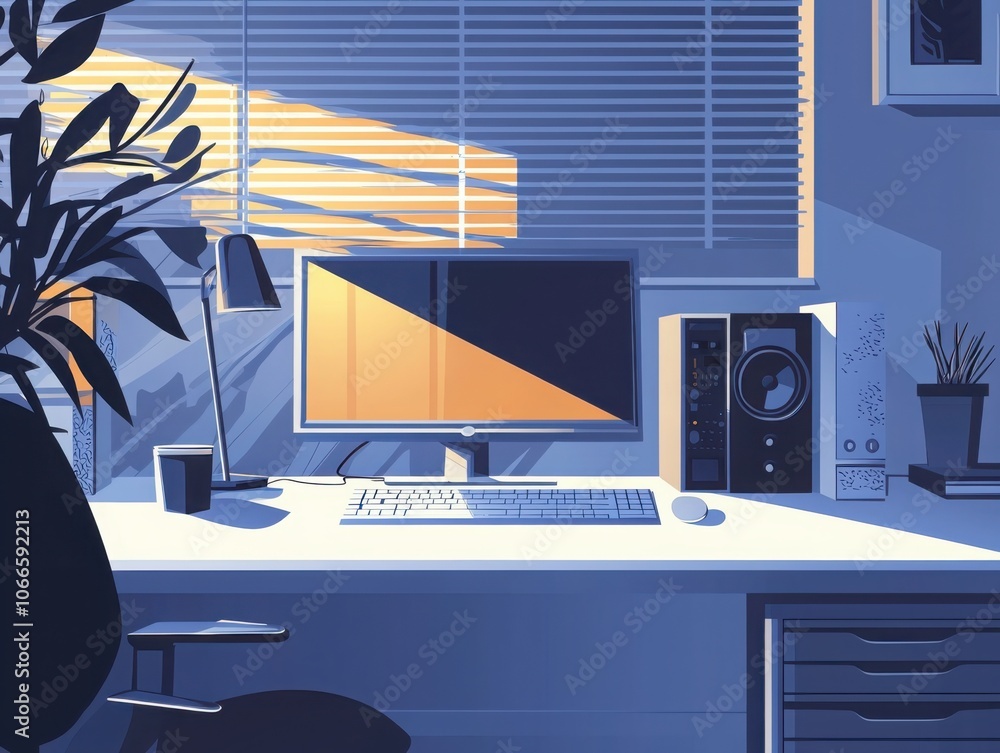 Poster Clean illustration showcasing a modern office desk setup with stylish elements and functional design