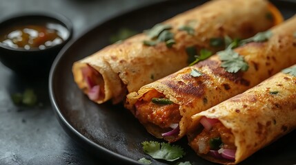Two thin dosa rolls with Indian food filling