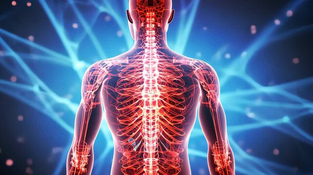 Human nervous system showing spinal cord and neural network, back pain concept
