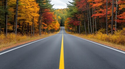 Fototapeta premium Autumnal Journey Through Vibrant Pine Forest, Experience the breathtaking colors of fall foliage along a serene road surrounded by towering pine trees and golden leaves.