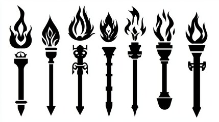 Black Torch Icons Flame Fire Light Symbol Set Design Elements