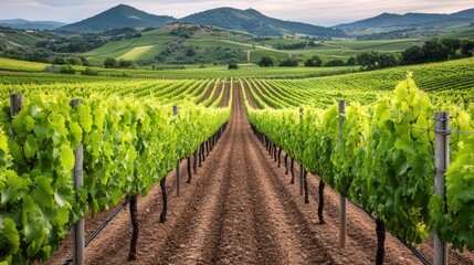 Naklejka premium Vibrant Vineyard Landscape, expansive green fields of grapevines, rolling hills in the background, perfect for wine lovers, inviting space for additional text, serene atmosphere