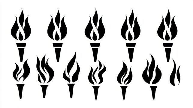 Black Torch Icons Flame Fire Symbol Set Design Graphic