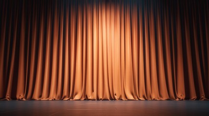 Elegant stage curtains illuminated by a soft spotlight, creating a dramatic atmosphere, enhancing the anticipation of a theatrical performance