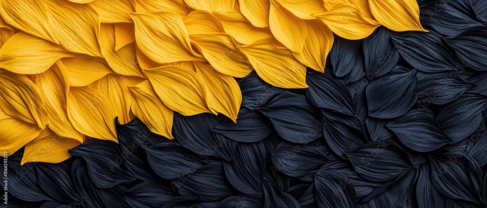 Poster a vibrant arrangement of yellow and deep blue textured petals, creating a striking contrast and a vi
