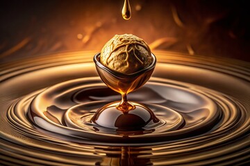 Captivating Close-Up of Golden Oil Droplet Suspended in Mid-Air Above Chocolate Ice Cream, Evoking Serenity and Indulgence in Drone Photography