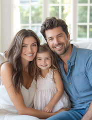 Fototapeta premium happy family. A beautiful woman with long brown hair, wearing jeans and a white top