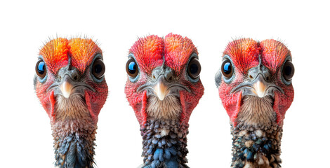 Fototapeta premium Close-up portrait of three exotic turkeys with unique vibrant feathers, isolated on transparent background, wildlife animal details, colorful plumage, bird species, nature collection