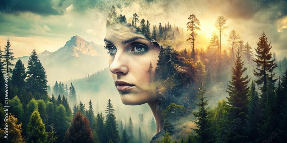 Poster captivating double exposure of patterned grunge texture blending nature and urban elements for uniqu