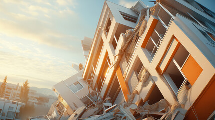 A collapsed building with debris lit by the warm glow of sunrise.