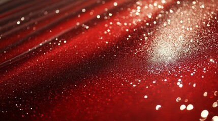 Abstract red background with sparkling glitter and blurred light bokeh.