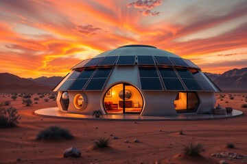 Fototapeta premium Solar-powered dome house. A futuristic, solar-powered dome house in a desert landscape at sunset.