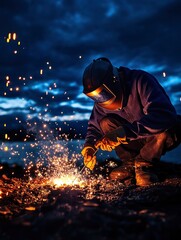 Welder in an industrial workshop, sparks flying as he works, intense concentration, welding helmet