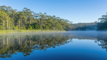 Serene Lake with Mist and Reflected Trees in Morning Light