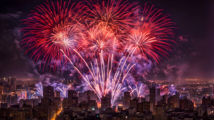 Obraz premium Red gold and violet fireworks bursting above a dark city creating a dramatic skyline, AI Generated