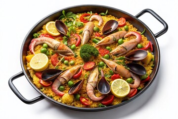 Captivating Drone Photography of Spanish Paella with Seafood Isolated on White Background - Traditional Cuisine, Culinary Art, Food Photography, Mediterranean Delights