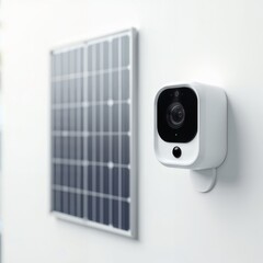 Solar Security Camera Setup. Modern white security camera mounted on wall next to solar panel for sustainable surveillance power supply.