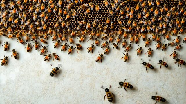 A swarm of bees emerges from a honeycomb, buzzing and crawling around the hive on a warm summer day