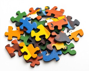 Colorful puzzle pieces isolated on white background, representing the concept of teamwork, problem solving, and connection.