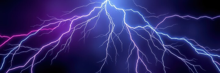 A dramatic lightning strike illuminates the night sky with a vibrant blue and purple glow