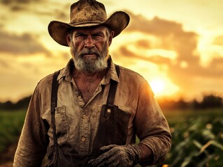 Obraz premium Rugged farmer in a field at sunrise, with muddy hands, weathered face and strong build