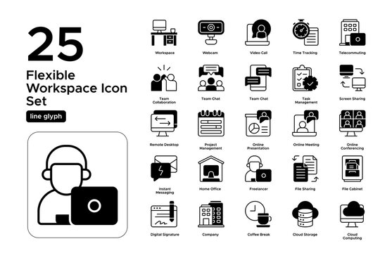 Flexible Workspace Line Glyph Icon Set: Customizable Offices, Remote Work Setup, and Adaptive Workspaces Icons