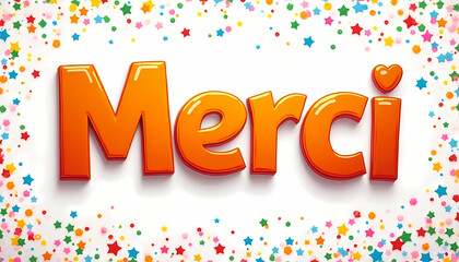 Cheerful "Merci" inscription in orange surrounded by colorful stars and confetti on a bright background