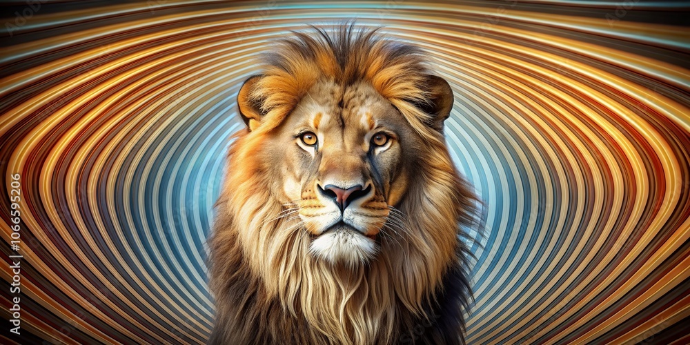 Poster Captivating Lion Product Photography with Abstract Background and Curved Slash Lines Pattern for Eye-Catching Visuals and Branding