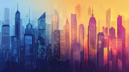 Vibrant digital illustrations of cityscape silhouettes showcasing diverse architectural styles at dusk