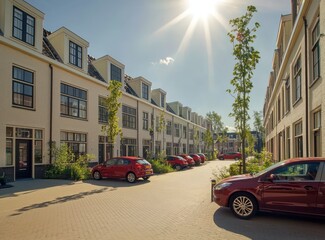 Obraz premium Wide angle view of modern Dutch housing with cream bricks and red cars.