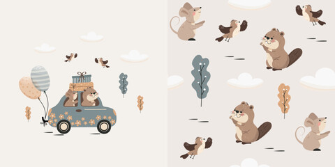 Children's set. Background and seamless pattern with cute animals riding in a car. Vector design for baby bedding, fabric, wallpaper, wrapping paper and more. © Alyona 