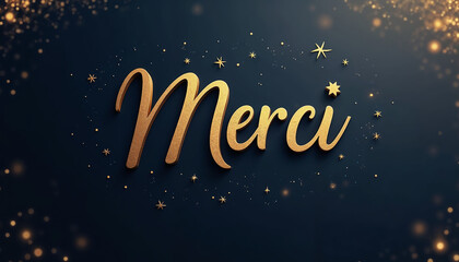Golden "Merci" inscription with stars on dark background, festive design
