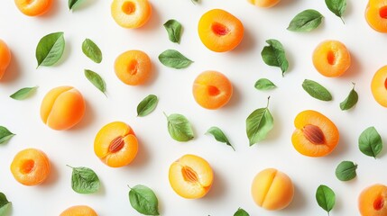 Fresh Apricots Leaves Flatlay Summer Fruit Pattern