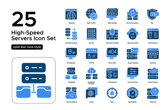 High-Speed Servers Solid Duo Tone Icon Set: Fast Connections, Reliable Hosting, and Web Hosting Solutions Icons
