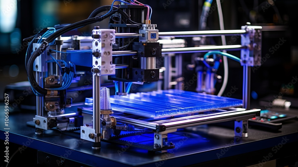 Poster a close-up of a 3d printer working on a project in a modern workshop during evening hours