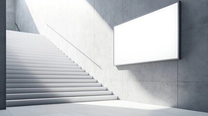 Obraz premium Clean and modern subway station ad space with a gray wall and white stairs.