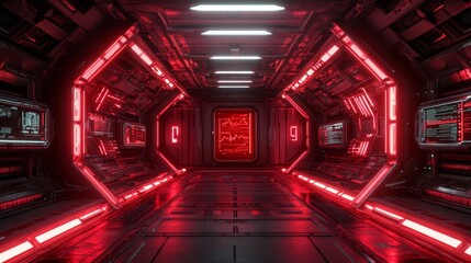 Futuristic Red Corridor Sci Fi Spaceship Interior Neon Lights Technology