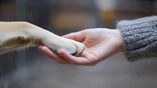Concept of volunteering at animal shelters hand and dog paw 