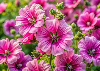 Fototapeta premium Aerial Pink Mallow Flowers, Blooming Field, Nature Photography, High Angle View
