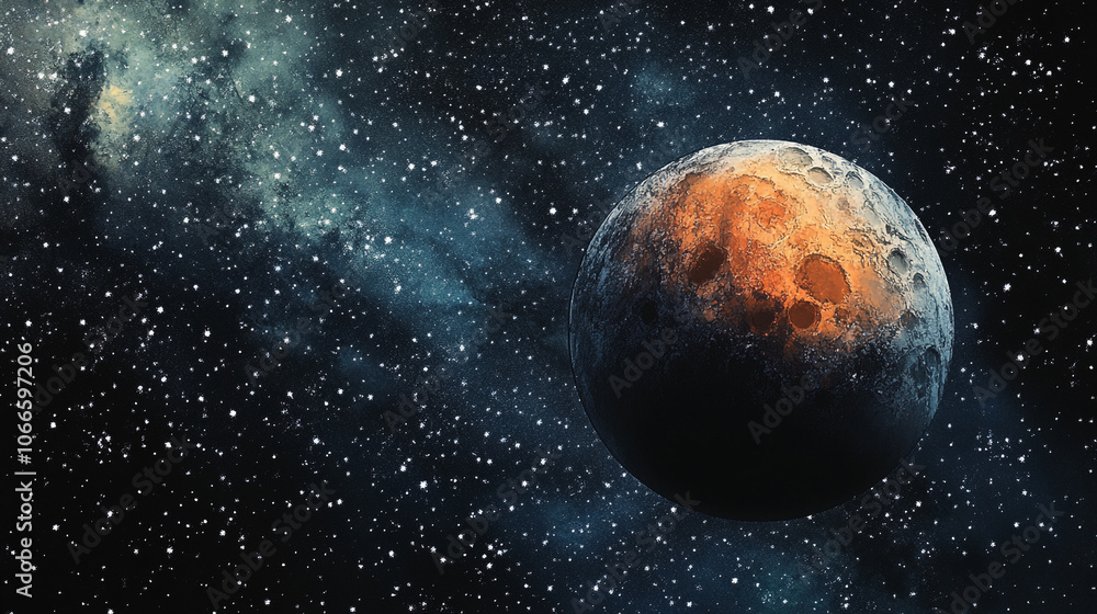 Poster a detailed view of a distant planet illuminated by starlight in the vastness of space