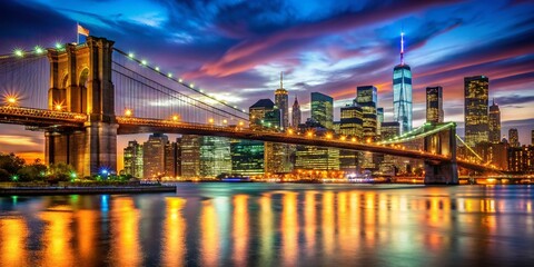 Fototapeta premium Captivating Nighttime View of Brooklyn Bridge with Illuminated Skyscrapers in Slow Motion - Urban Exploration Photography in NYC