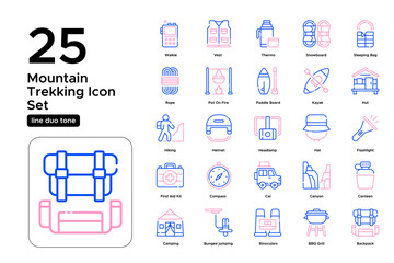 Mountain Trekking Line Duo Tone Icon Set: Alpine Trails, Peak Hiking, and Wilderness Adventure Icons