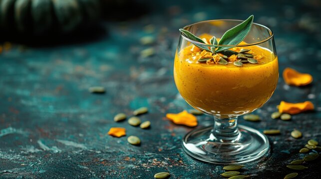 Pumpkin Sage Amuse Bouche in Glass Garnished with Seeds